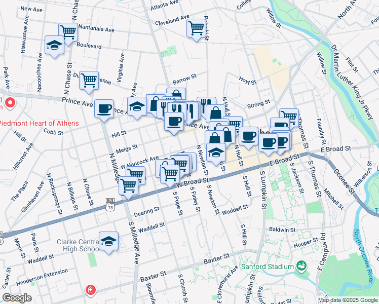 map of restaurants, bars, coffee shops, grocery stores, and more near 421 West Hancock Avenue in Athens