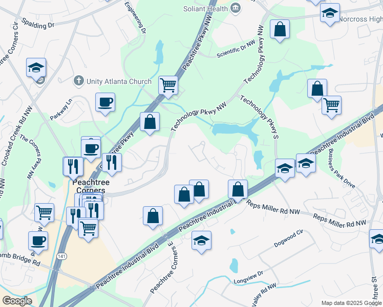 map of restaurants, bars, coffee shops, grocery stores, and more near 5748 Pine Oak Drive Northwest in Norcross