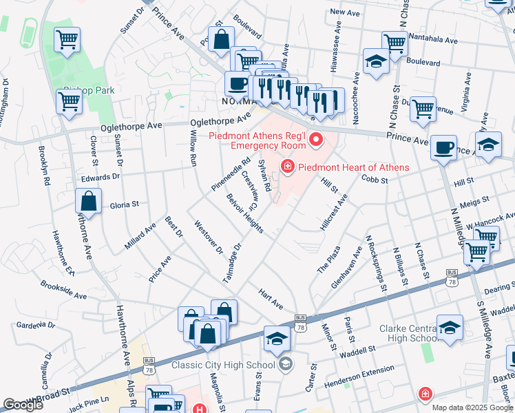 map of restaurants, bars, coffee shops, grocery stores, and more near 110 Crestview Circle in Athens