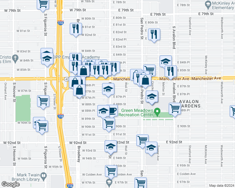 map of restaurants, bars, coffee shops, grocery stores, and more near 127 East 87th Place in Los Angeles
