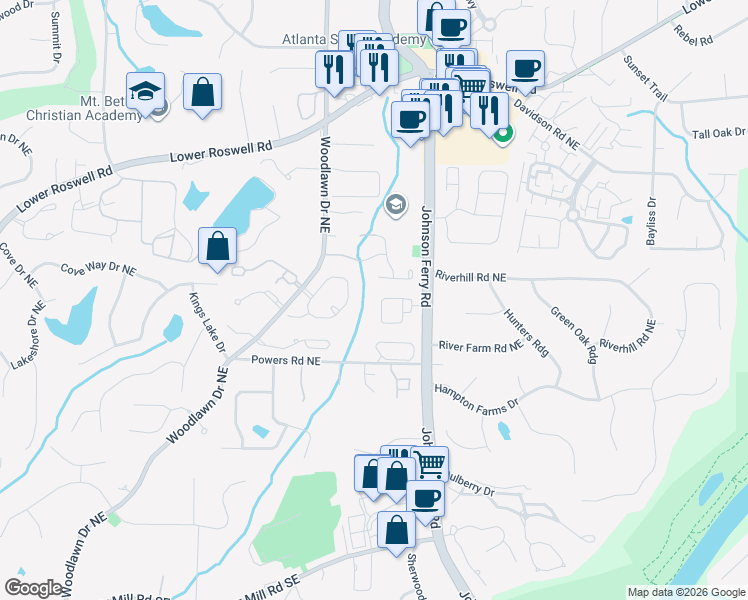 map of restaurants, bars, coffee shops, grocery stores, and more near 357 Fairbrook Circle in Marietta