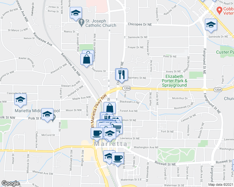 map of restaurants, bars, coffee shops, grocery stores, and more near 281 Cherokee Street Northeast in Marietta