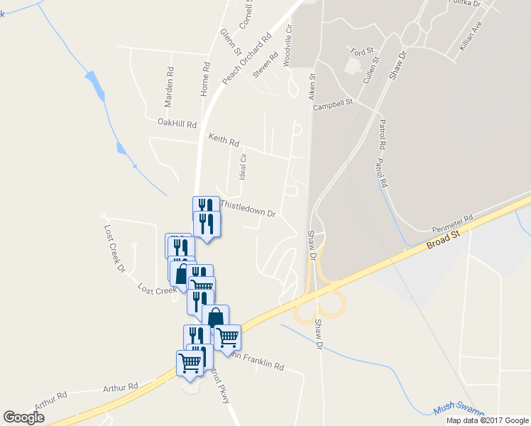 map of restaurants, bars, coffee shops, grocery stores, and more near 5505 Thistledown Drive in Sumter