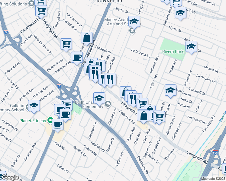 map of restaurants, bars, coffee shops, grocery stores, and more near 9219 Telegraph Road in Pico Rivera