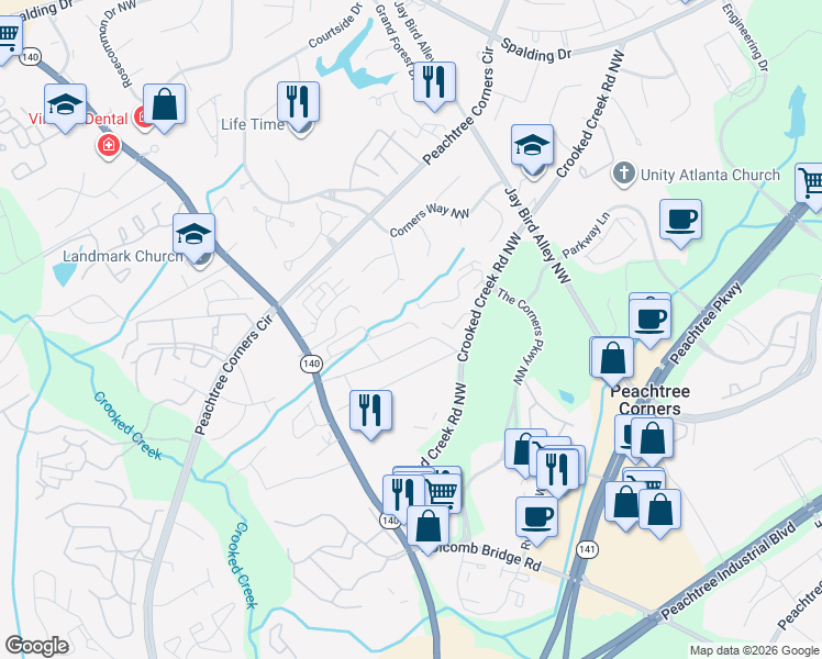 map of restaurants, bars, coffee shops, grocery stores, and more near 3580 Splinterwood Road in Norcross