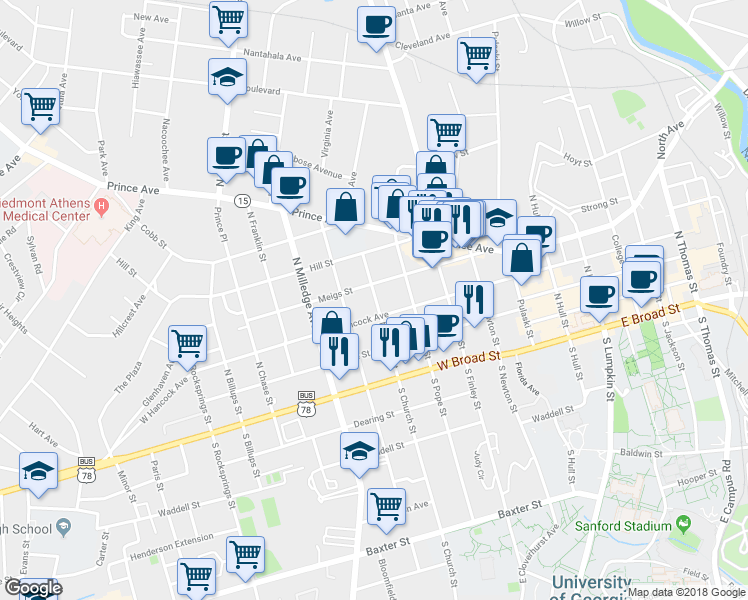 map of restaurants, bars, coffee shops, grocery stores, and more near 375 North Church Street in Athens