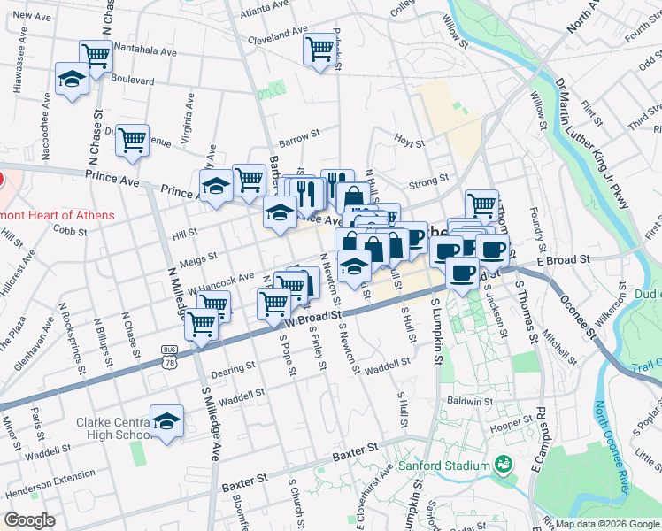 map of restaurants, bars, coffee shops, grocery stores, and more near 260 North Newton Street in Athens
