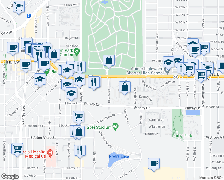 map of restaurants, bars, coffee shops, grocery stores, and more near 8725 Beckenham Lane in Inglewood