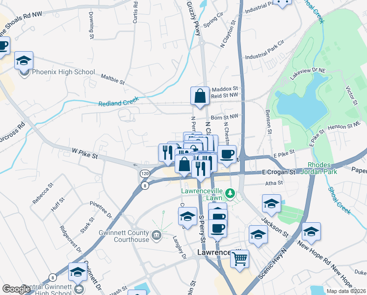 map of restaurants, bars, coffee shops, grocery stores, and more near 225 West Oak Street in Lawrenceville