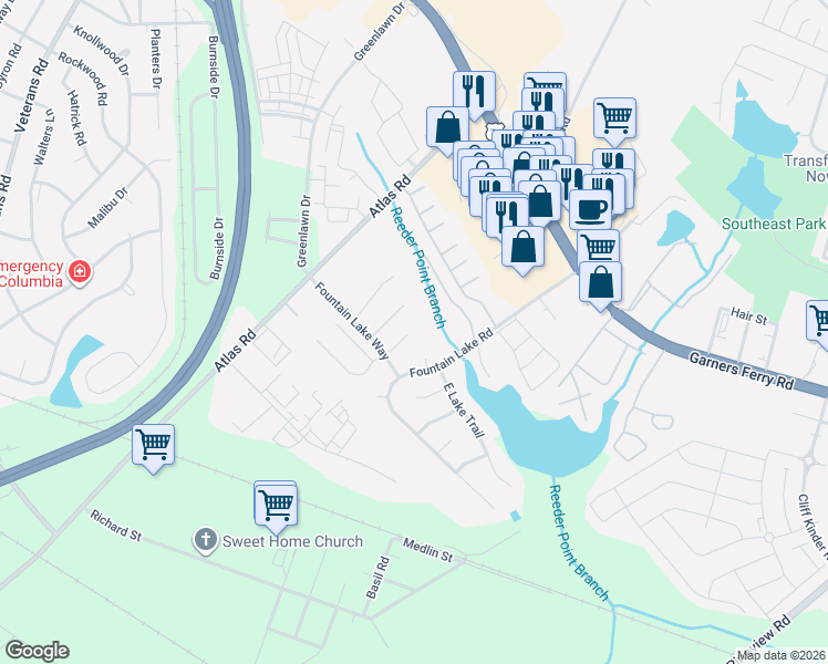map of restaurants, bars, coffee shops, grocery stores, and more near 76 Springway Drive in Columbia