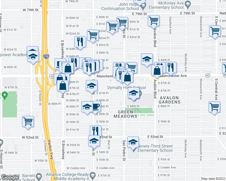 map of restaurants, bars, coffee shops, grocery stores, and more near 213 East 87th Place in Los Angeles