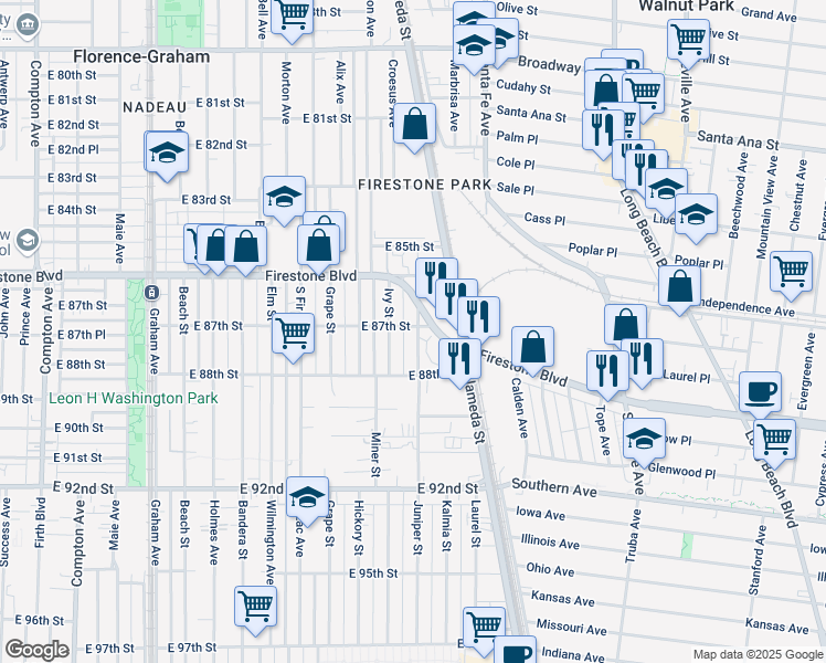 map of restaurants, bars, coffee shops, grocery stores, and more near 8701 Juniper Street in Los Angeles