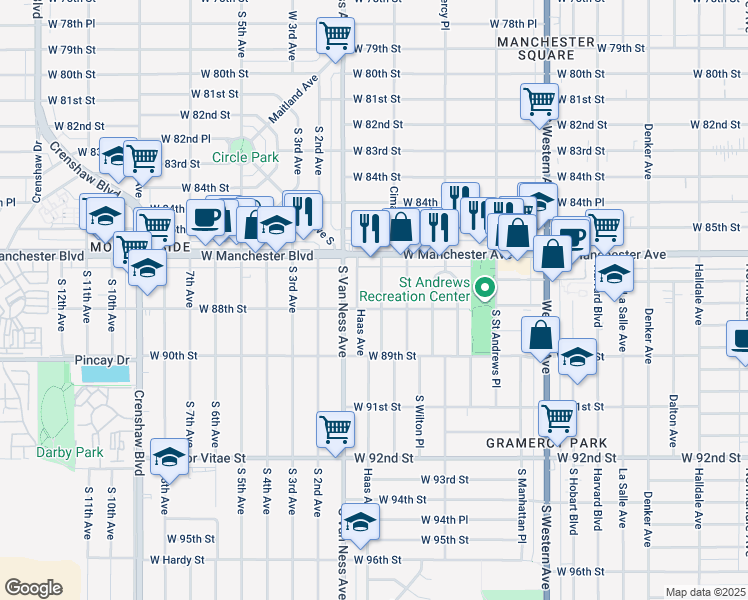 map of restaurants, bars, coffee shops, grocery stores, and more near 8719 Cimarron Street in Los Angeles