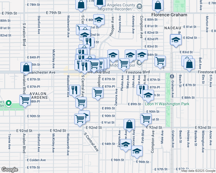 map of restaurants, bars, coffee shops, grocery stores, and more near 1243 East 87th Place in Los Angeles