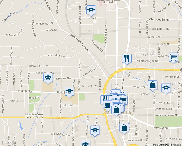 map of restaurants, bars, coffee shops, grocery stores, and more near 91 Holland St NW in Marietta