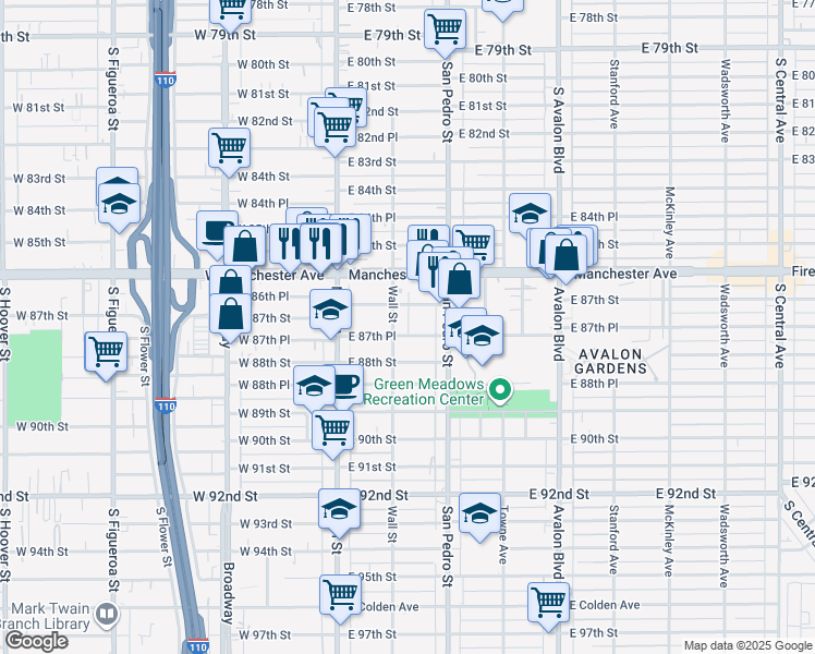 map of restaurants, bars, coffee shops, grocery stores, and more near 213 East 87th Place in Los Angeles