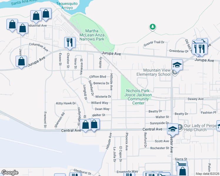 map of restaurants, bars, coffee shops, grocery stores, and more near 5703 Burlingame Drive in Riverside