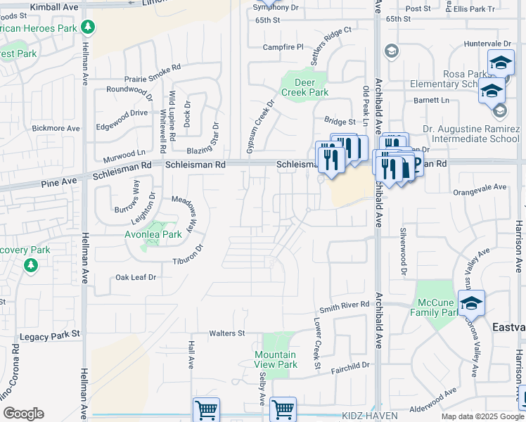 map of restaurants, bars, coffee shops, grocery stores, and more near 7153 Montecito Lane in Eastvale