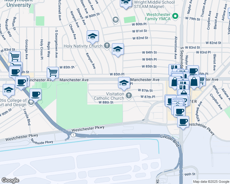 map of restaurants, bars, coffee shops, grocery stores, and more near 6628 West 87th Street in Los Angeles