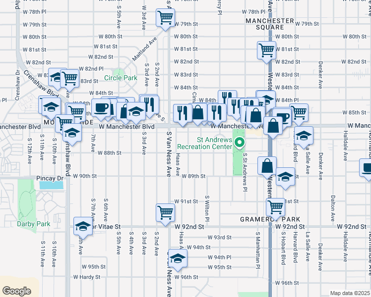 map of restaurants, bars, coffee shops, grocery stores, and more near 8719 Cimarron Street in Los Angeles