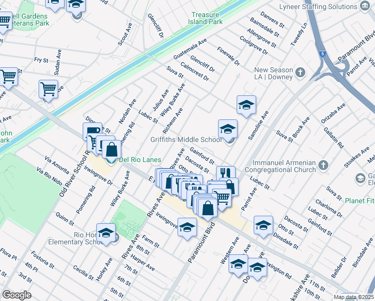 map of restaurants, bars, coffee shops, grocery stores, and more near 9802 Rives Avenue in Downey