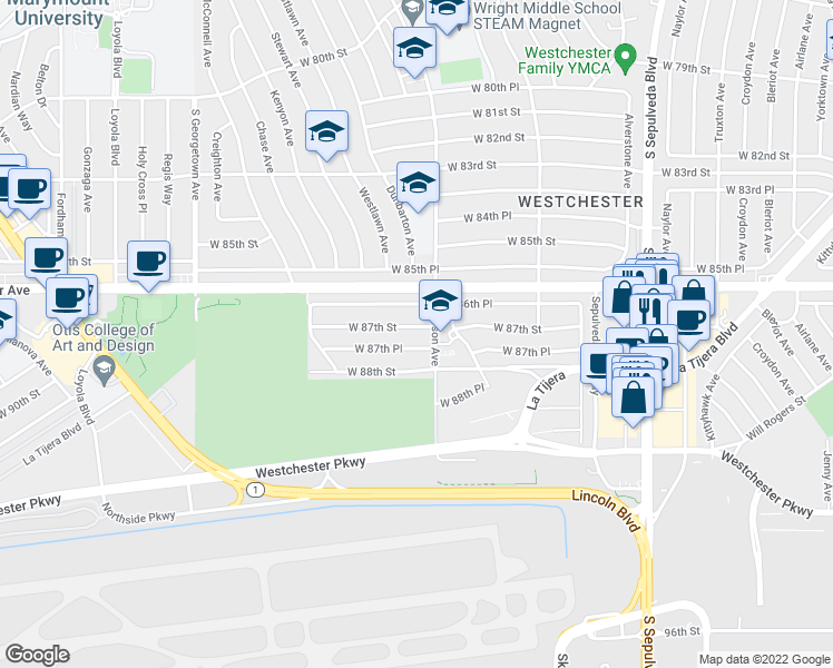 map of restaurants, bars, coffee shops, grocery stores, and more near 6628 West 87th Street in Los Angeles