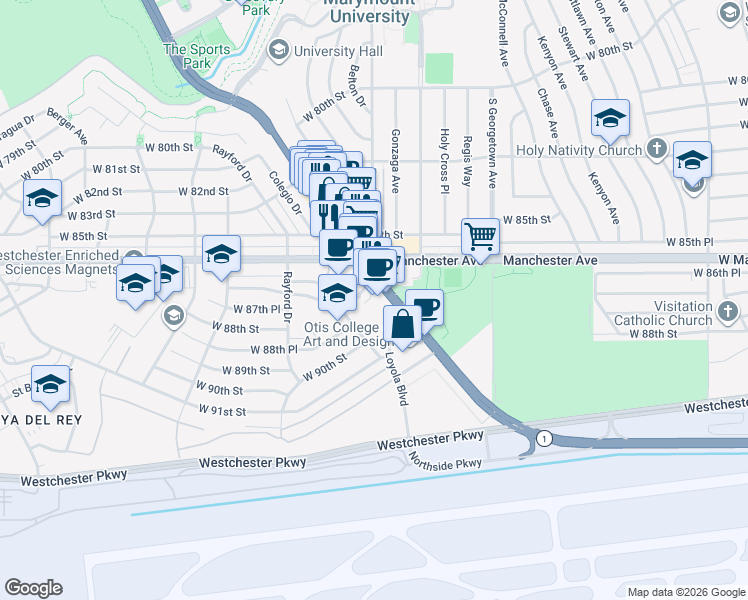 map of restaurants, bars, coffee shops, grocery stores, and more near 8655 Lincoln Boulevard in Los Angeles