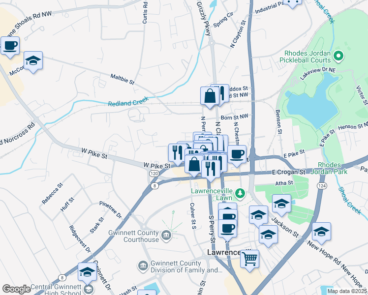 map of restaurants, bars, coffee shops, grocery stores, and more near 225 West Oak Street in Lawrenceville