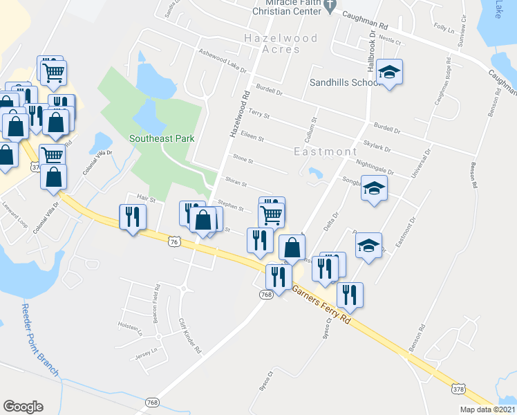 map of restaurants, bars, coffee shops, grocery stores, and more near 7619 Stephen Street in Columbia
