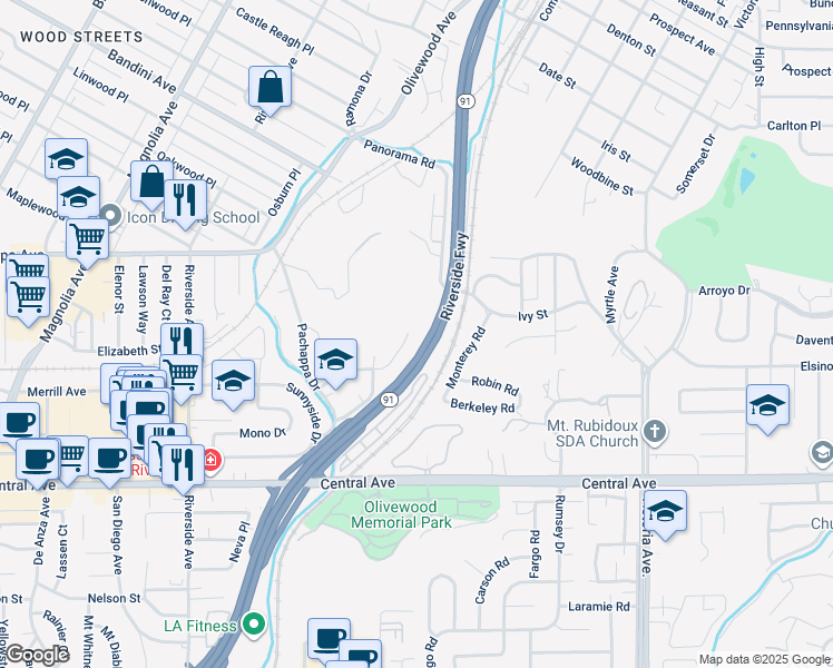 map of restaurants, bars, coffee shops, grocery stores, and more near 3208 Gibraltar Drive in Riverside