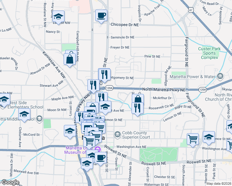 map of restaurants, bars, coffee shops, grocery stores, and more near 150 North Marietta Parkway Northeast in Marietta