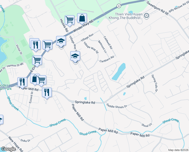 map of restaurants, bars, coffee shops, grocery stores, and more near 240 Springbottom Court Southeast in Lawrenceville