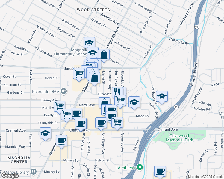 map of restaurants, bars, coffee shops, grocery stores, and more near 6164 Lawson Way in Riverside