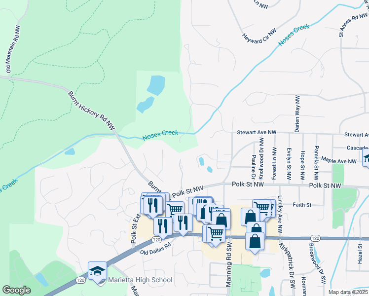 map of restaurants, bars, coffee shops, grocery stores, and more near 306 Anders Pth Northwest in Marietta