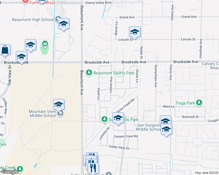 map of restaurants, bars, coffee shops, grocery stores, and more near 512 Cherry Valley Acres in Beaumont