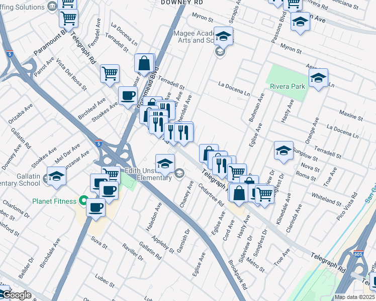 map of restaurants, bars, coffee shops, grocery stores, and more near 9219 Telegraph Road in Pico Rivera