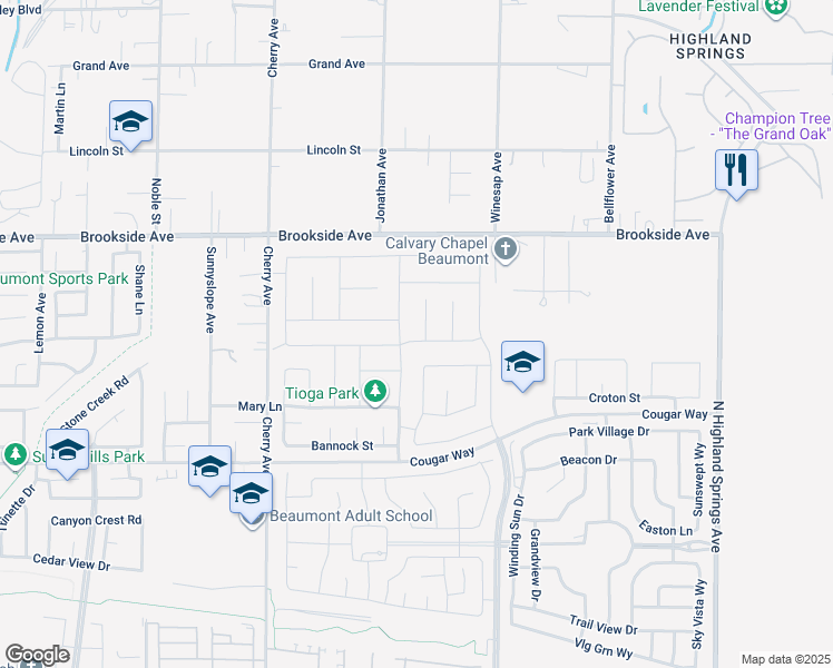 map of restaurants, bars, coffee shops, grocery stores, and more near 1709 Beryl Court in Beaumont