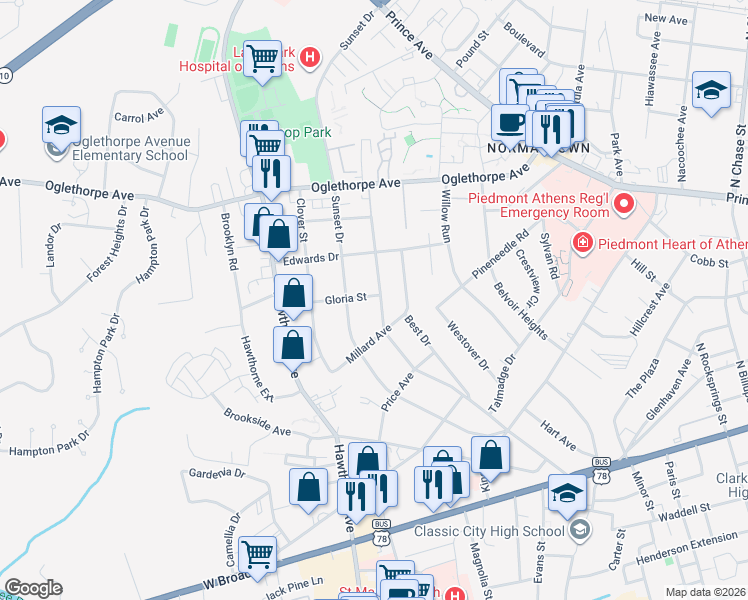 map of restaurants, bars, coffee shops, grocery stores, and more near 495 Holman Avenue in Athens