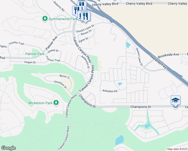 map of restaurants, bars, coffee shops, grocery stores, and more near 11357 Lexi Lane in Beaumont