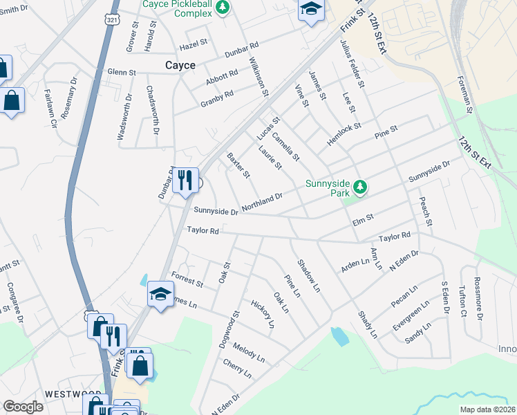 map of restaurants, bars, coffee shops, grocery stores, and more near 1707 Northland Drive in Cayce