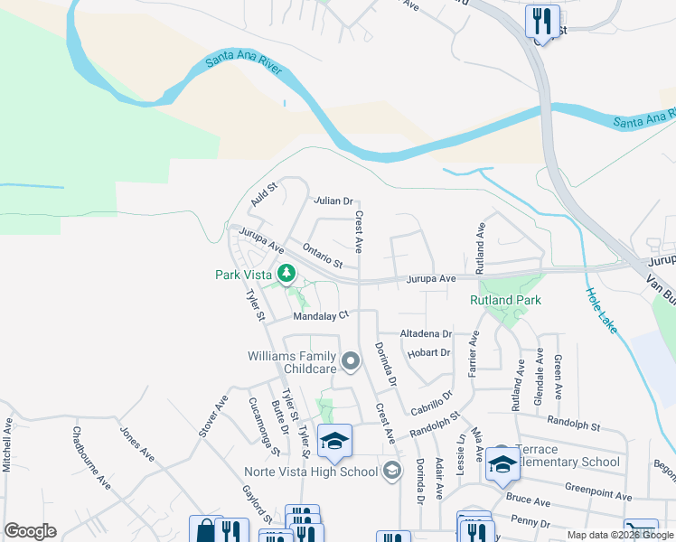 map of restaurants, bars, coffee shops, grocery stores, and more near 10030 Ontario Street in Riverside
