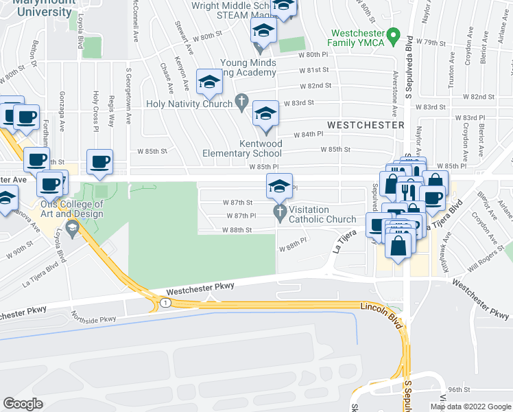 map of restaurants, bars, coffee shops, grocery stores, and more near 6632 West 87th Street in Los Angeles