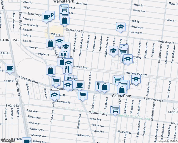 map of restaurants, bars, coffee shops, grocery stores, and more near 8601 Evergreen Avenue in South Gate