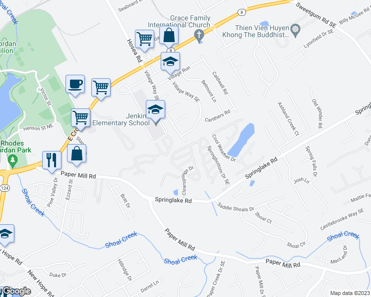 map of restaurants, bars, coffee shops, grocery stores, and more near 475 Springbottom Court Southeast in Lawrenceville