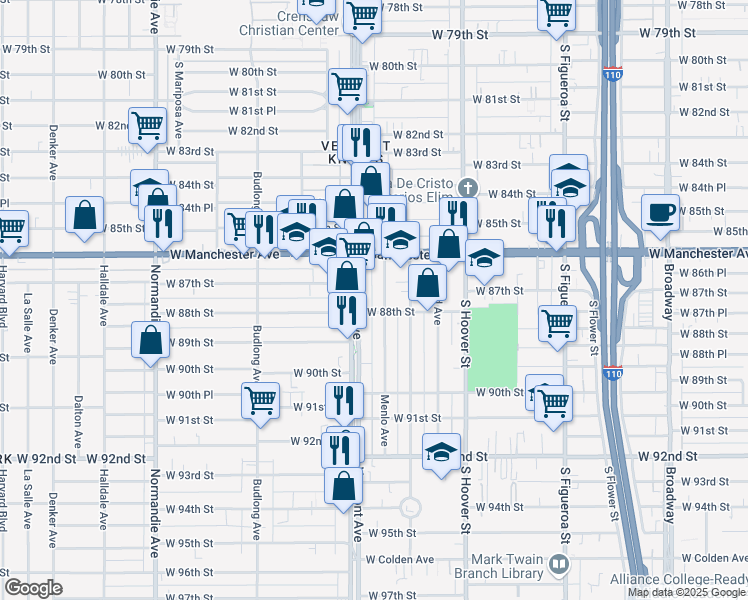 map of restaurants, bars, coffee shops, grocery stores, and more near 957 West 88th Street in Los Angeles