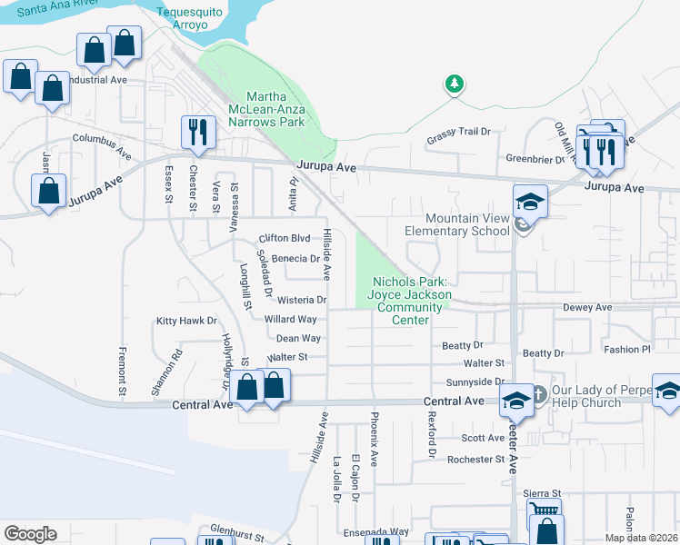 map of restaurants, bars, coffee shops, grocery stores, and more near 6281 Antioch Avenue in Riverside