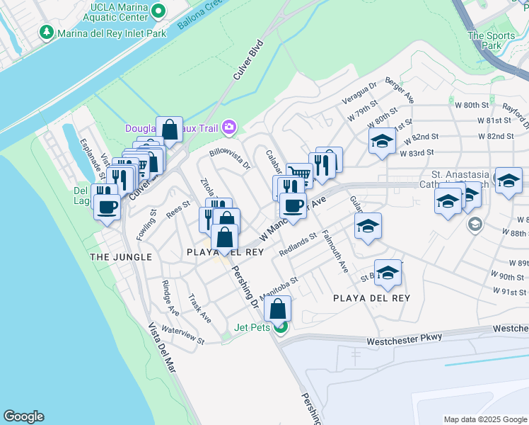 map of restaurants, bars, coffee shops, grocery stores, and more near 8220 West 83rd Street in Los Angeles
