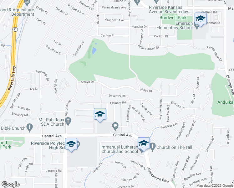 map of restaurants, bars, coffee shops, grocery stores, and more near 2387 Daventry Road in Riverside