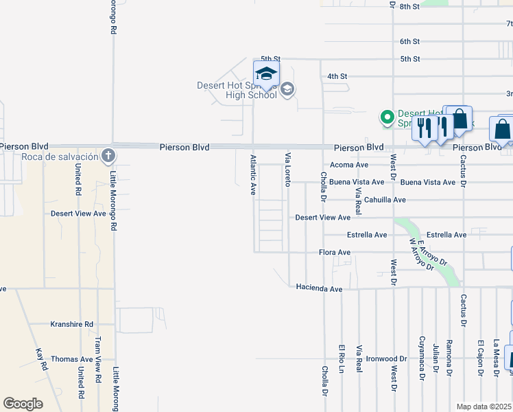map of restaurants, bars, coffee shops, grocery stores, and more near 65565 Acoma Avenue in Desert Hot Springs