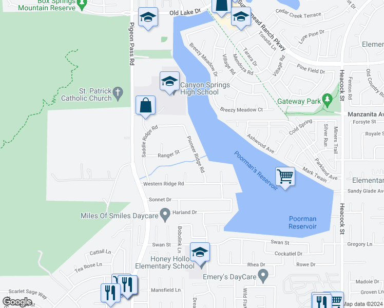 map of restaurants, bars, coffee shops, grocery stores, and more near 11185 Pioneer Ridge Road in Moreno Valley
